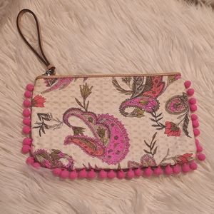 LOFT Wristlet Pink Pom Pom Paisley Pattern